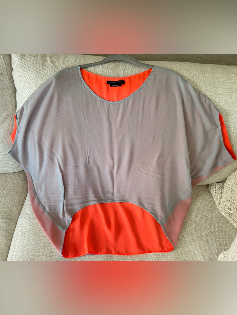 BCBGMaxAzria Gray Sheer Overlay Top with Coral Underlayer - Picture 5 of 5